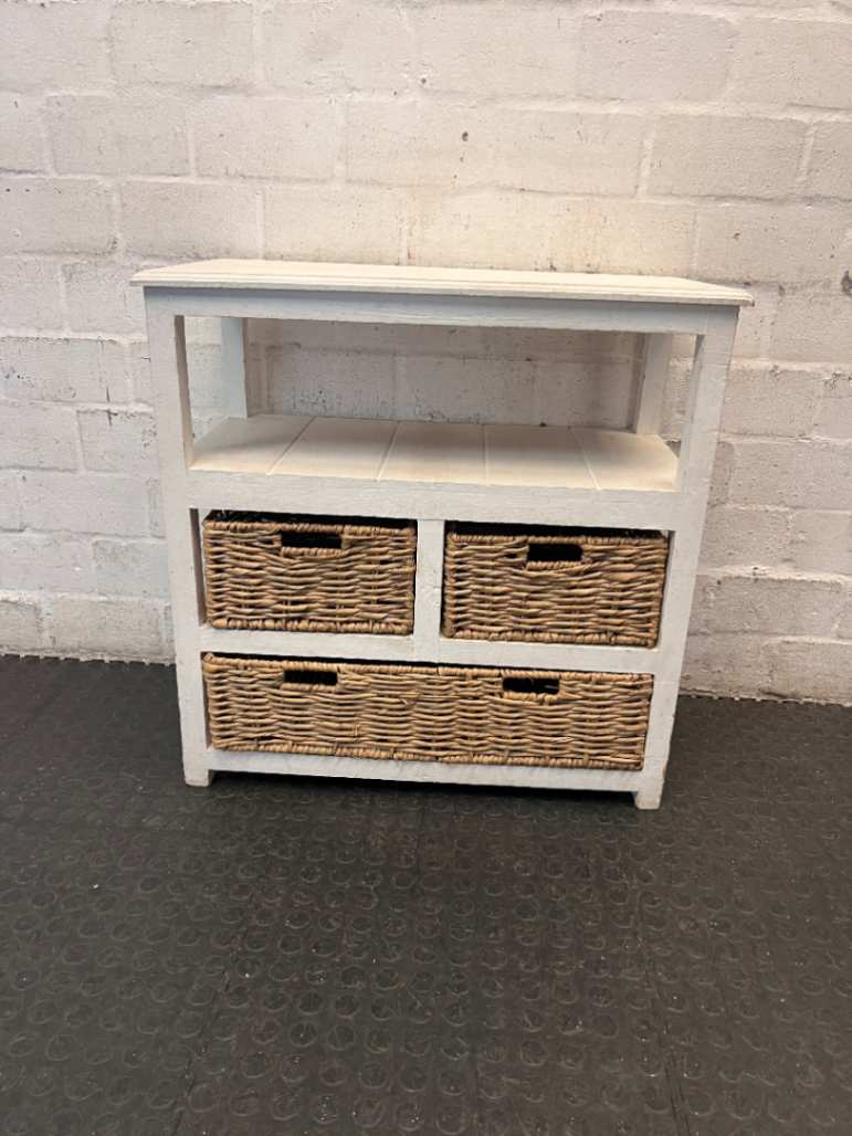 Rustic Wooden Storage Unit with Woven Wicker Baskets — Fair Condition with Worn Paint Finish