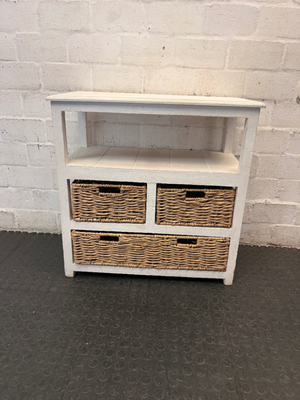 Rustic Wooden Storage Unit with Woven Wicker Baskets — Fair Condition with Worn Paint Finish