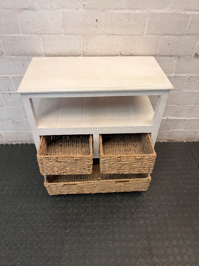 Rustic Wooden Storage Unit with Woven Wicker Baskets — Fair Condition with Worn Paint Finish
