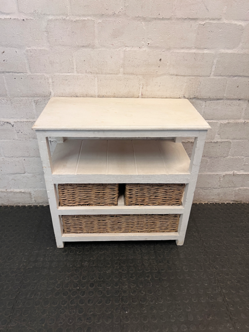 Rustic Wooden Storage Unit with Woven Wicker Baskets — Fair Condition with Worn Paint Finish