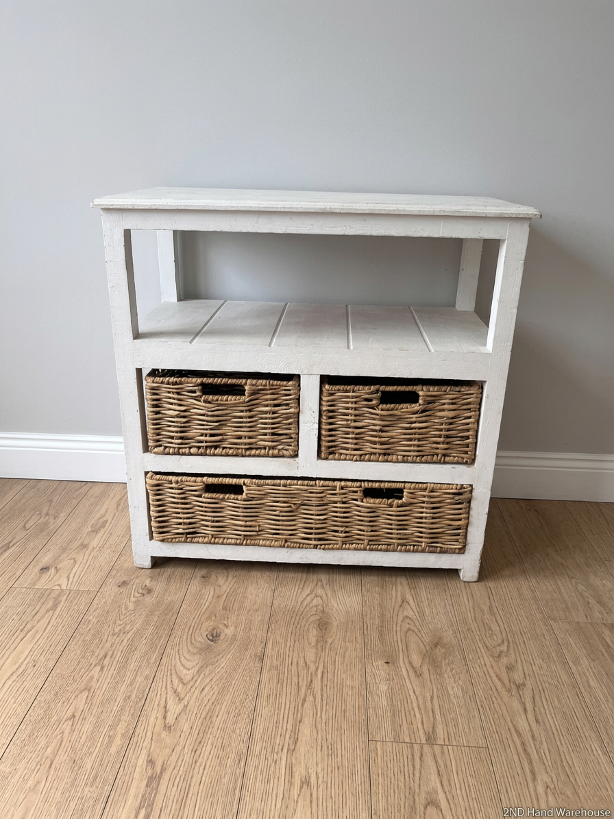 Rustic Wooden Storage Unit with Woven Wicker Baskets — Fair Condition with Worn Paint Finish