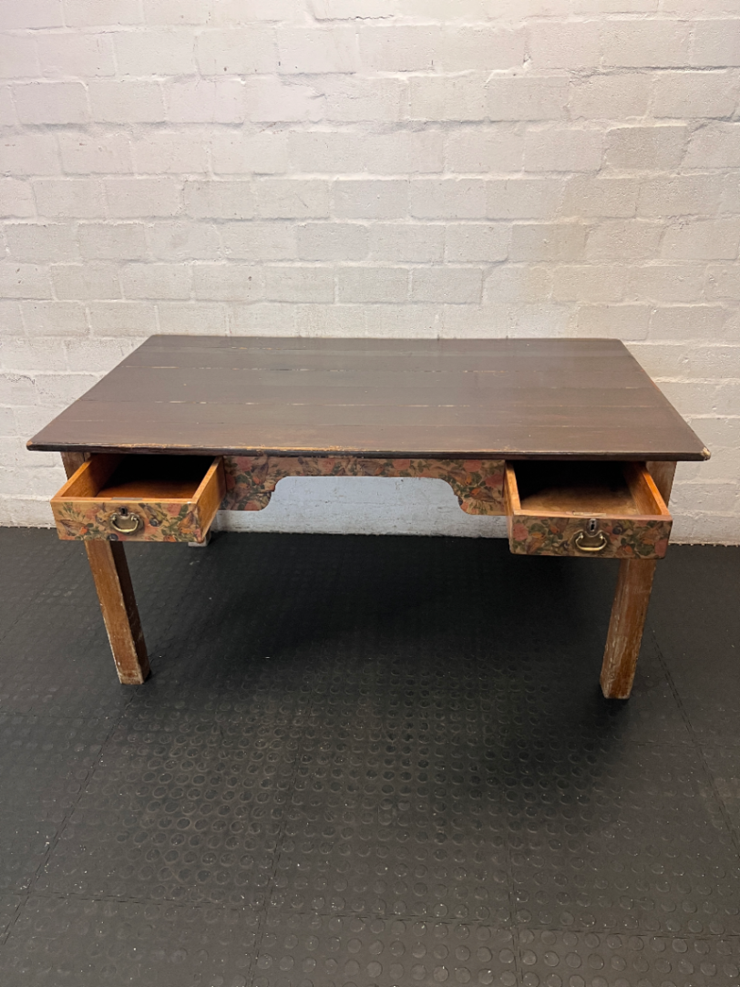 Rustic Wooden Table with Floral Detail - Well Used Condition - 2ndhandwarehouse.com