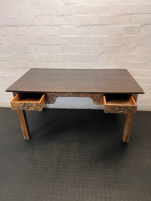 Rustic Wooden Table with Floral Detail - Well Used Condition - 2ndhandwarehouse.com