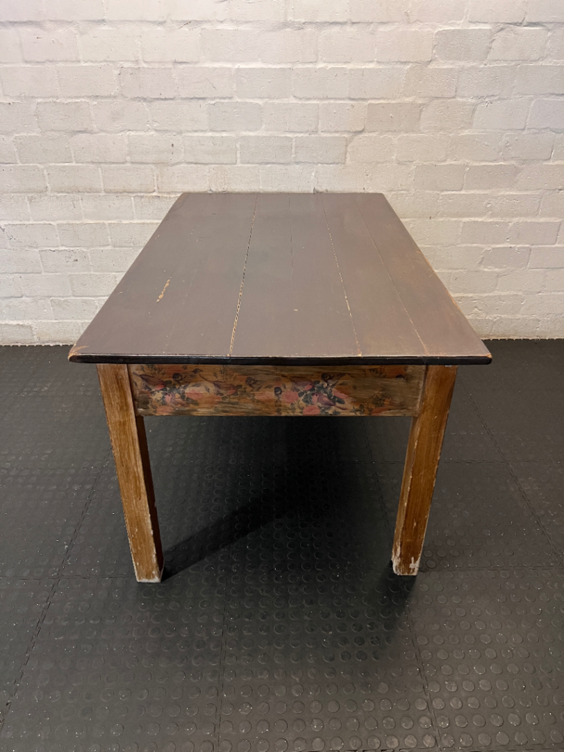 Rustic Wooden Table with Floral Detail - Well Used Condition - 2ndhandwarehouse.com