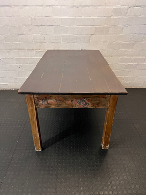Rustic Wooden Table with Floral Detail - Well Used Condition - 2ndhandwarehouse.com