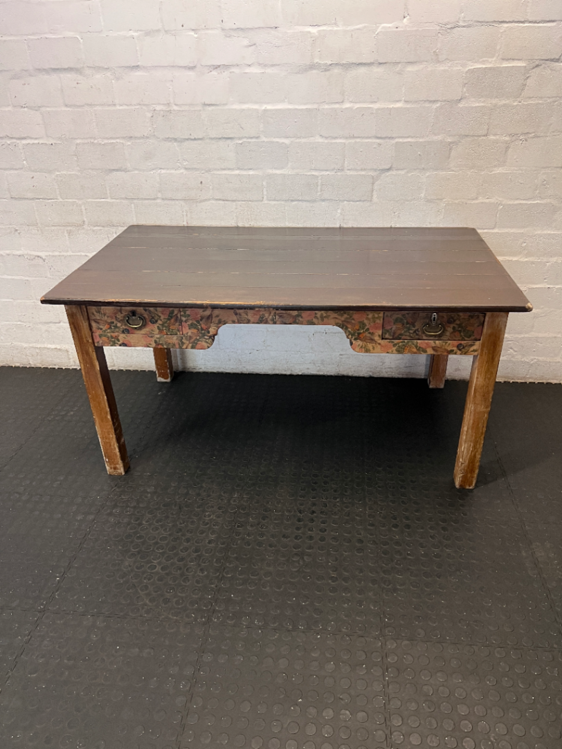 Rustic Wooden Table with Floral Detail - Well Used Condition - 2ndhandwarehouse.com