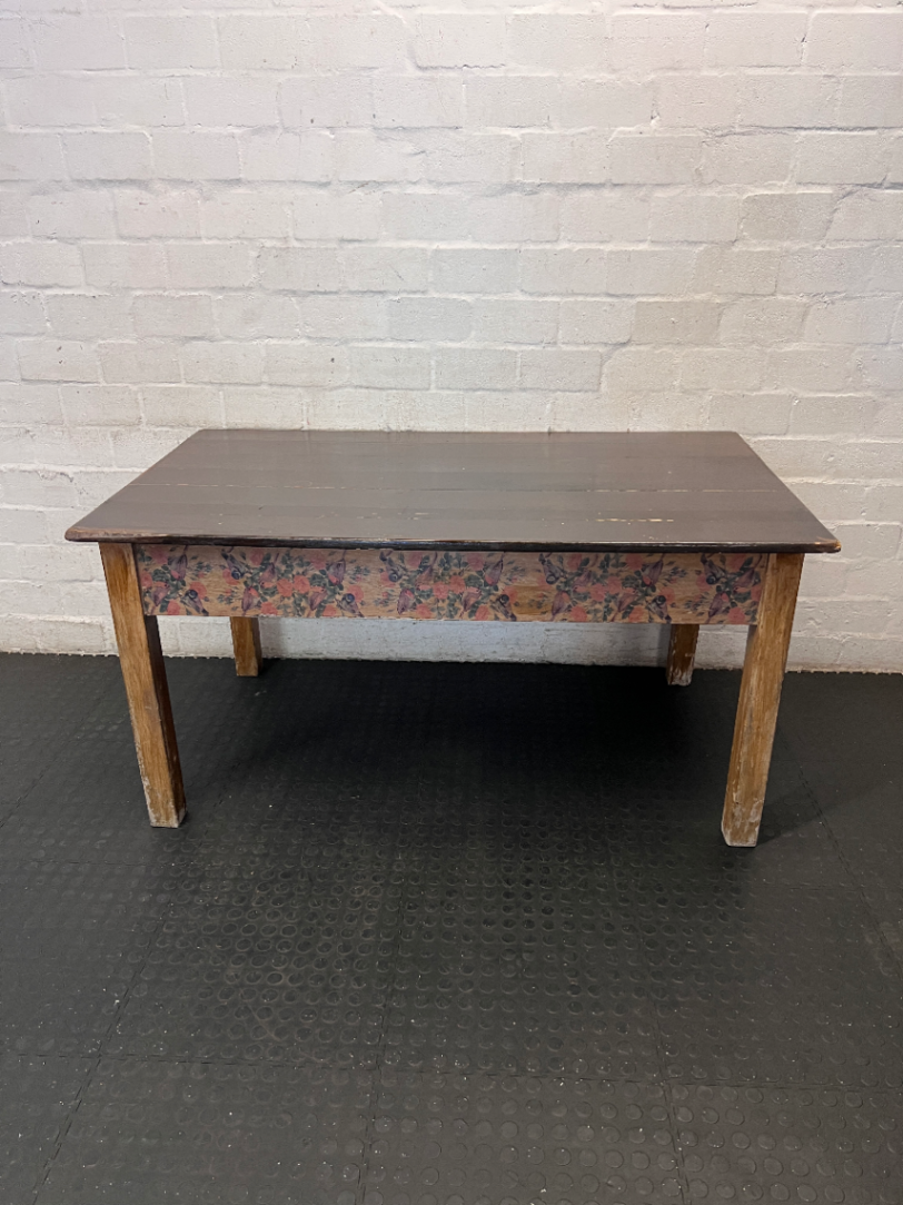 Rustic Wooden Table with Floral Detail - Well Used Condition - 2ndhandwarehouse.com