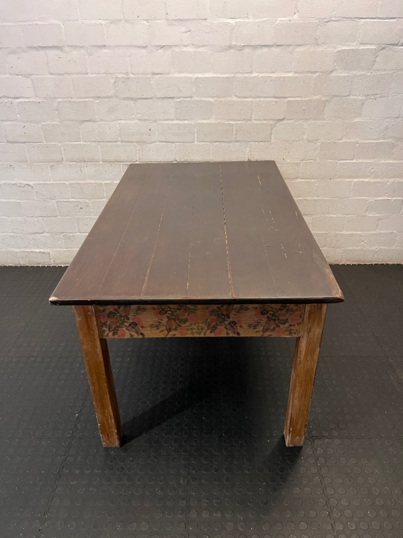 Rustic Wooden Table with Floral Detail - Well Used Condition - 2ndhandwarehouse.com