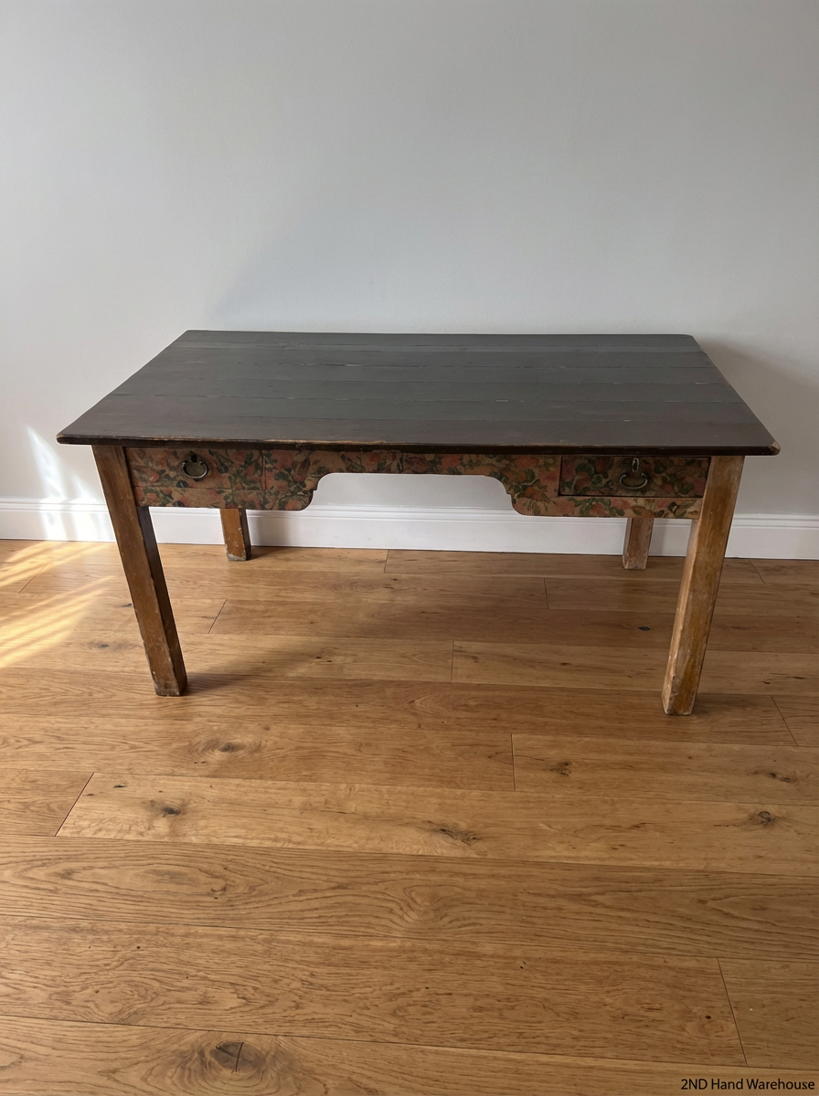 Rustic Wooden Table with Floral Detail - Well Used Condition - 2ndhandwarehouse.com