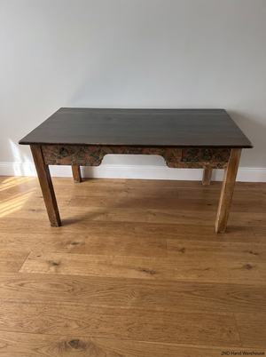 Rustic Wooden Table with Floral Detail - Well Used Condition - 2ndhandwarehouse.com