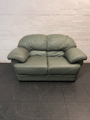Sage Green Leather 2 Seater Couch — Small Tear on One Seat Section