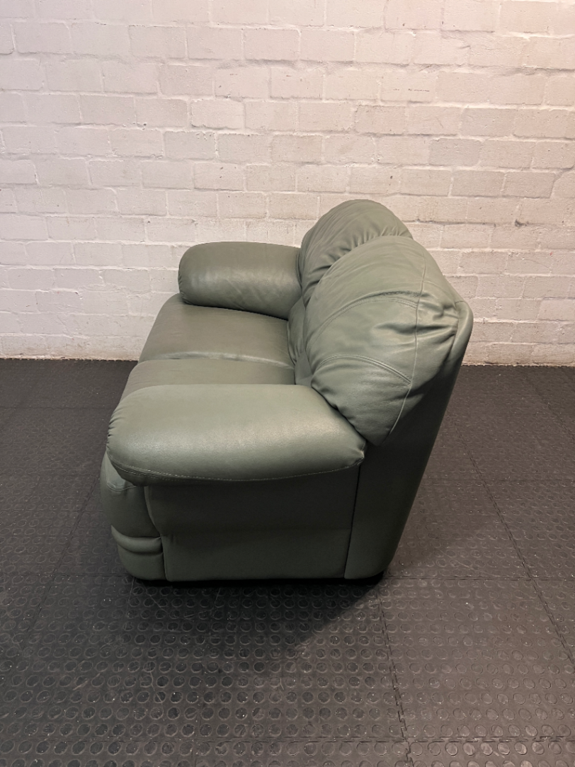 Sage Green Leather 2 Seater Couch — Small Tear on One Seat Section