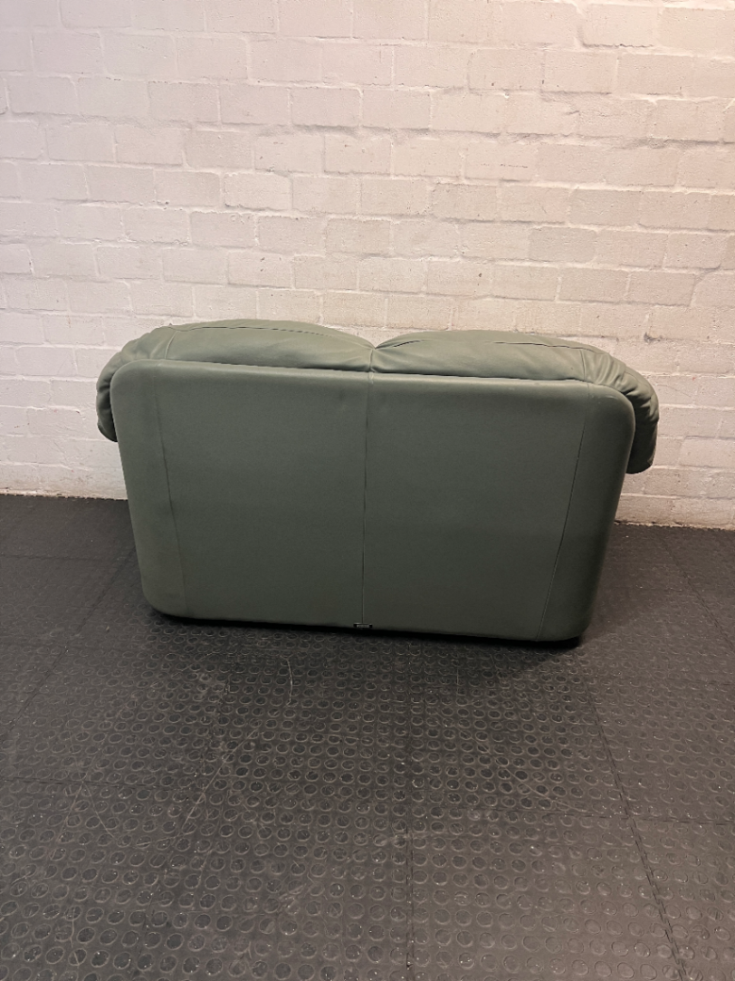 Sage Green Leather 2 Seater Couch — Small Tear on One Seat Section