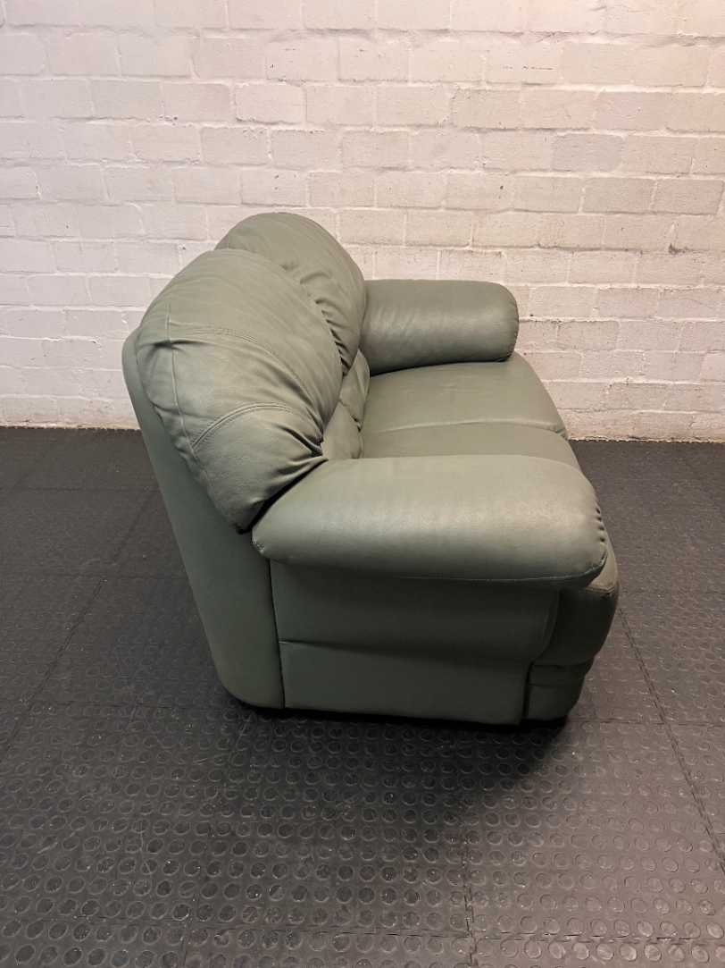 Sage Green Leather 2 Seater Couch — Small Tear on One Seat Section