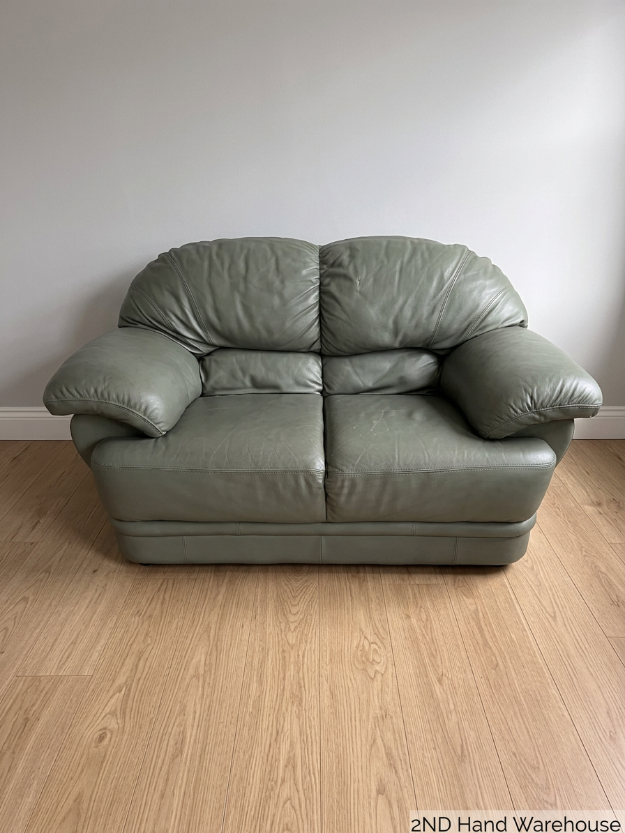Sage Green Leather 2 Seater Couch — Small Tear on One Seat Section
