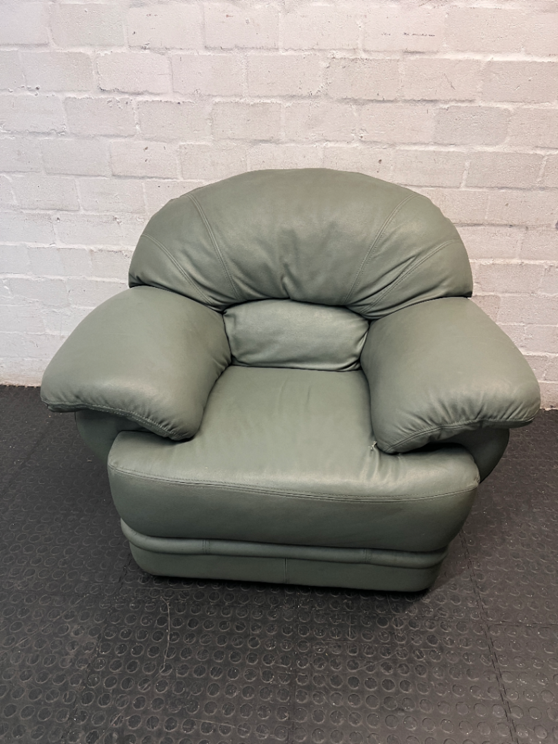 Sage Green Upholstered 1 Seater Couch — Small Tear in Leather