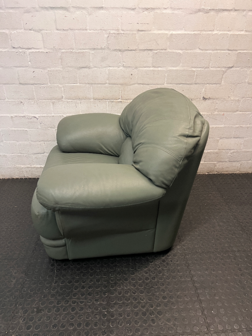 Sage Green Upholstered 1 Seater Couch — Small Tear in Leather