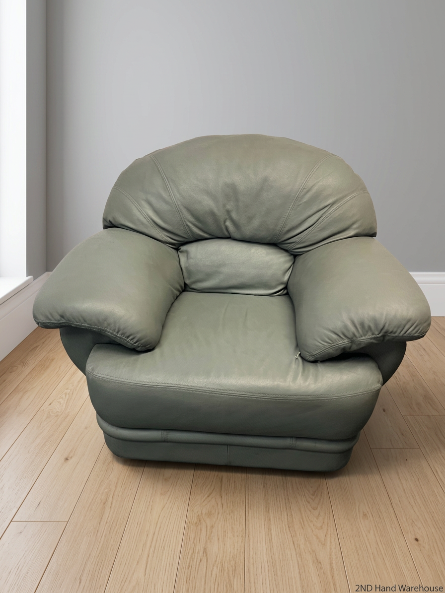 Sage Green Upholstered 1 Seater Couch — Small Tear in Leather