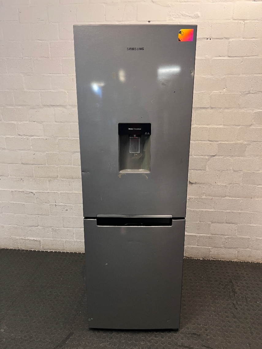 Samsung Silver Bottom Mount Fridge with Water Dispenser — Good Working Order with Adhesive Residue