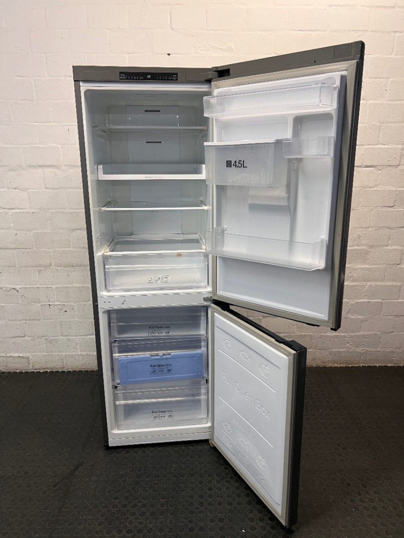Samsung Silver Bottom Mount Fridge with Water Dispenser — Good Working Order with Adhesive Residue