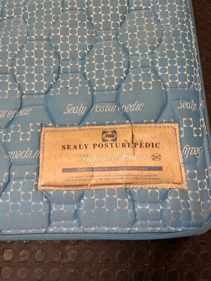 Sealy Posturepedic Imperial Queen Mattress in Blue — Good Condition with Discolouration from Age