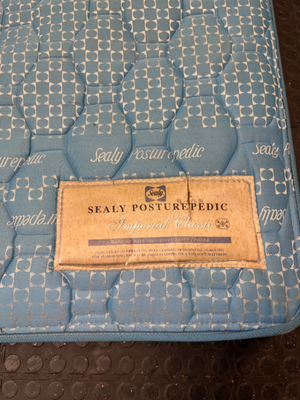 Sealy Posturepedic Imperial Queen Mattress in Blue — Good Condition with Discolouration from Age