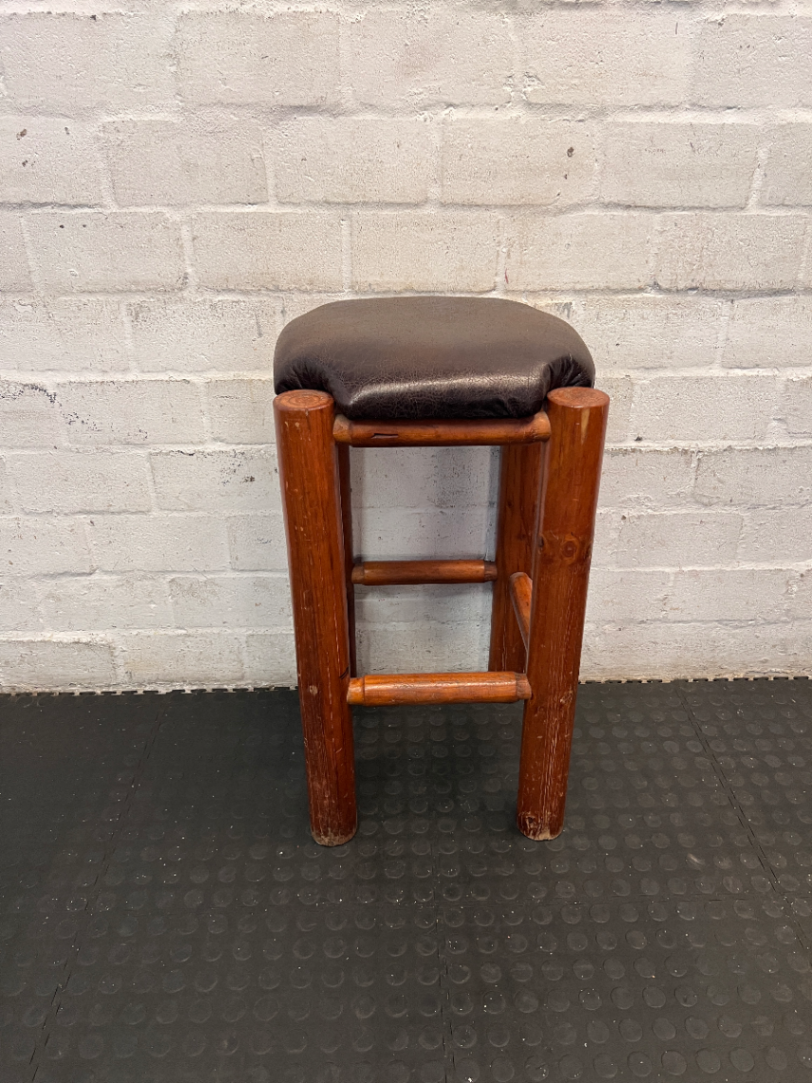 Set of 3 Rustic Log-Style Bar Stools with Brown Padded Seats - 2ndhandwarehouse.com