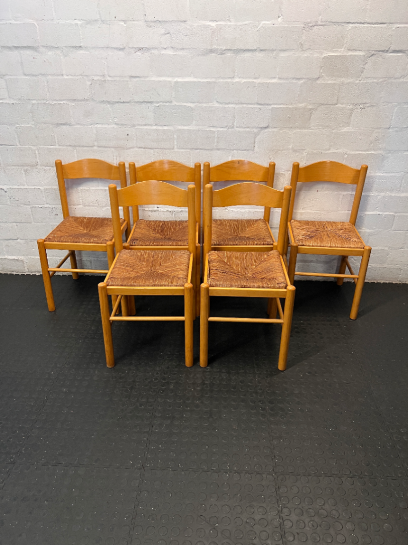 Set of 6 Woven Seat Dining Chairs - Well Used, Wood Scuffing & Worn Seats - 2ndhandwarehouse.com