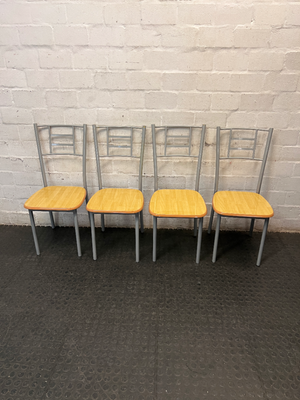 Silver Metal Dining Chair with Wood-Effect Seat — Visible Surface Wear and Scuffing