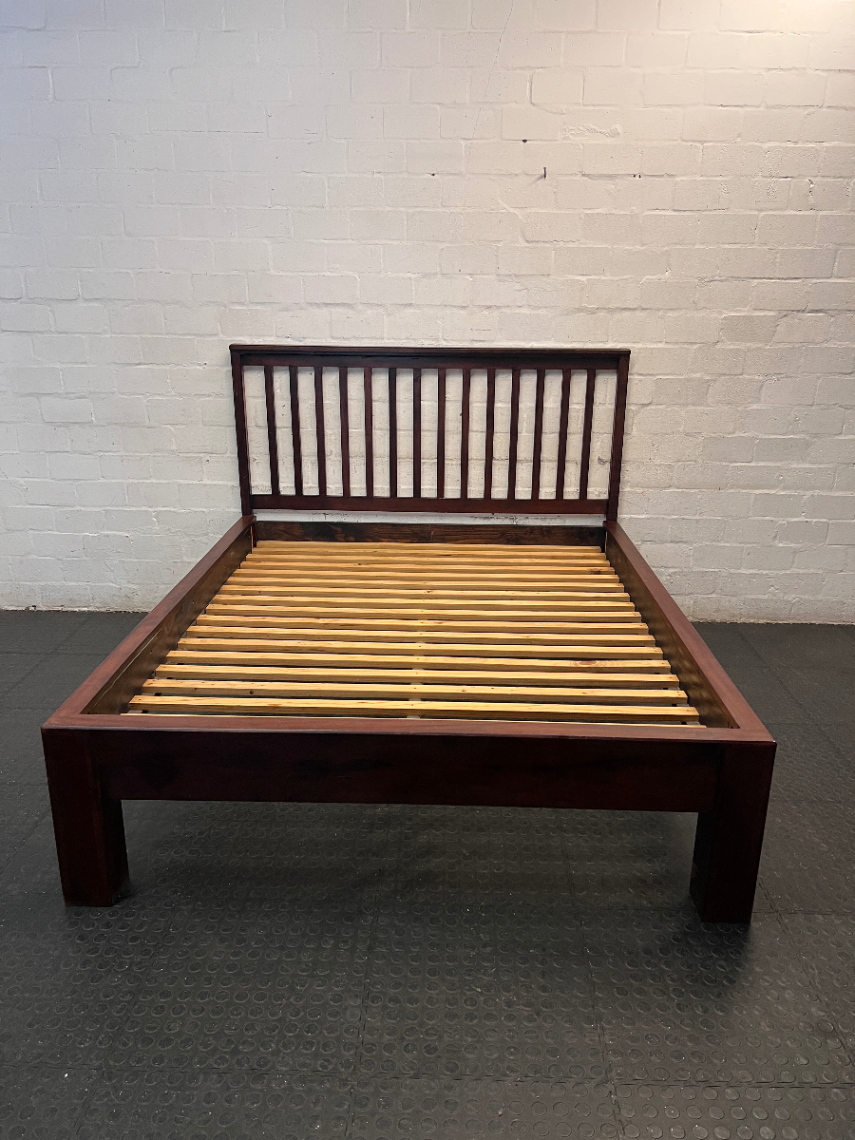Slat-Back Dark Wood Queen Bed Frame — Very Good Condition
