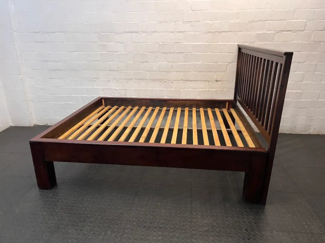 Slat-Back Dark Wood Queen Bed Frame — Very Good Condition