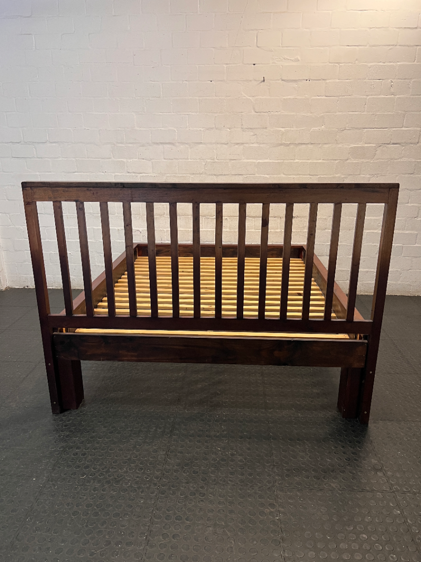 Slat-Back Dark Wood Queen Bed Frame — Very Good Condition