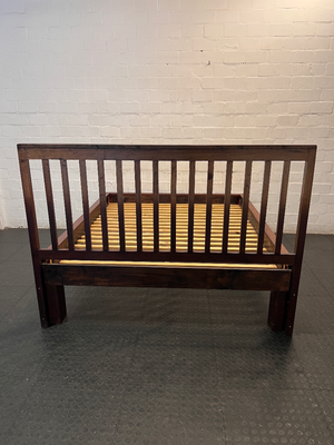 Slat-Back Dark Wood Queen Bed Frame — Very Good Condition