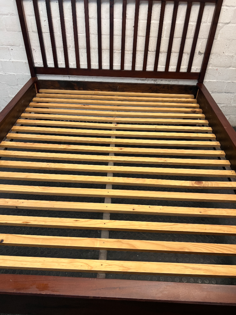 Slat-Back Dark Wood Queen Bed Frame — Very Good Condition