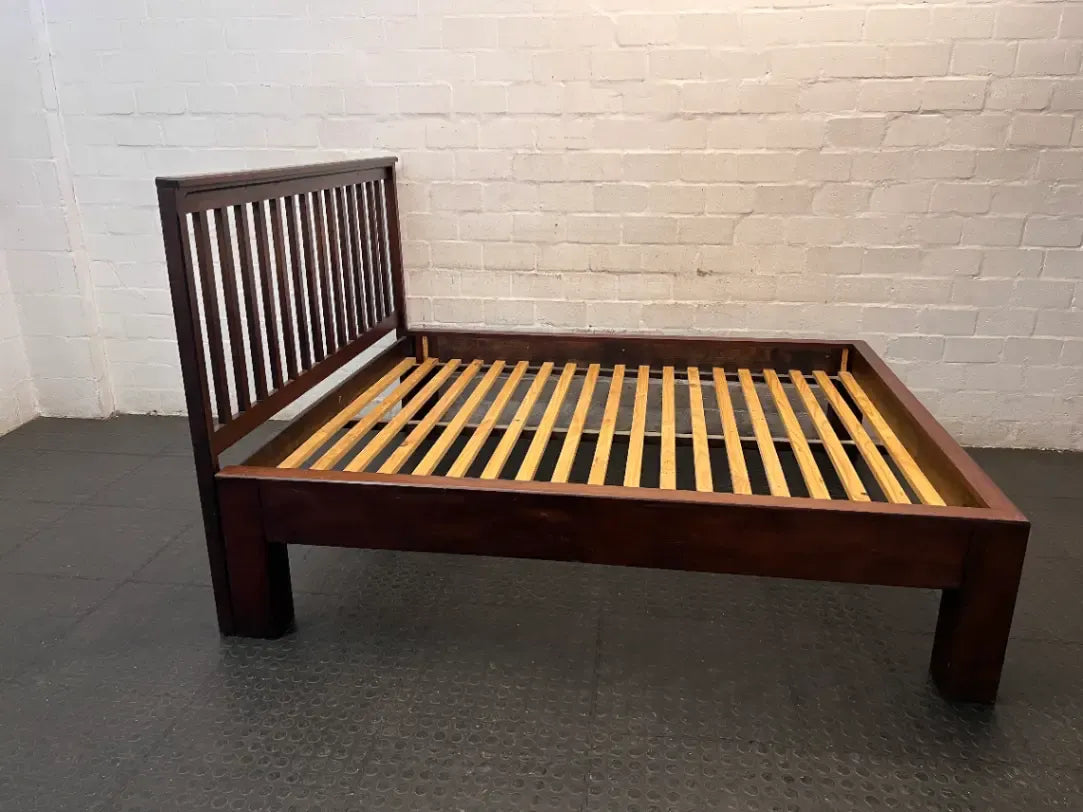 Slat-Back Dark Wood Queen Bed Frame — Very Good Condition