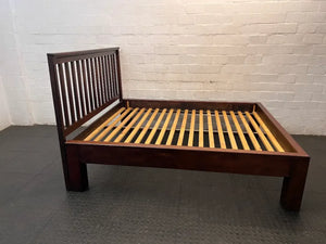 Slat-Back Dark Wood Queen Bed Frame — Very Good Condition