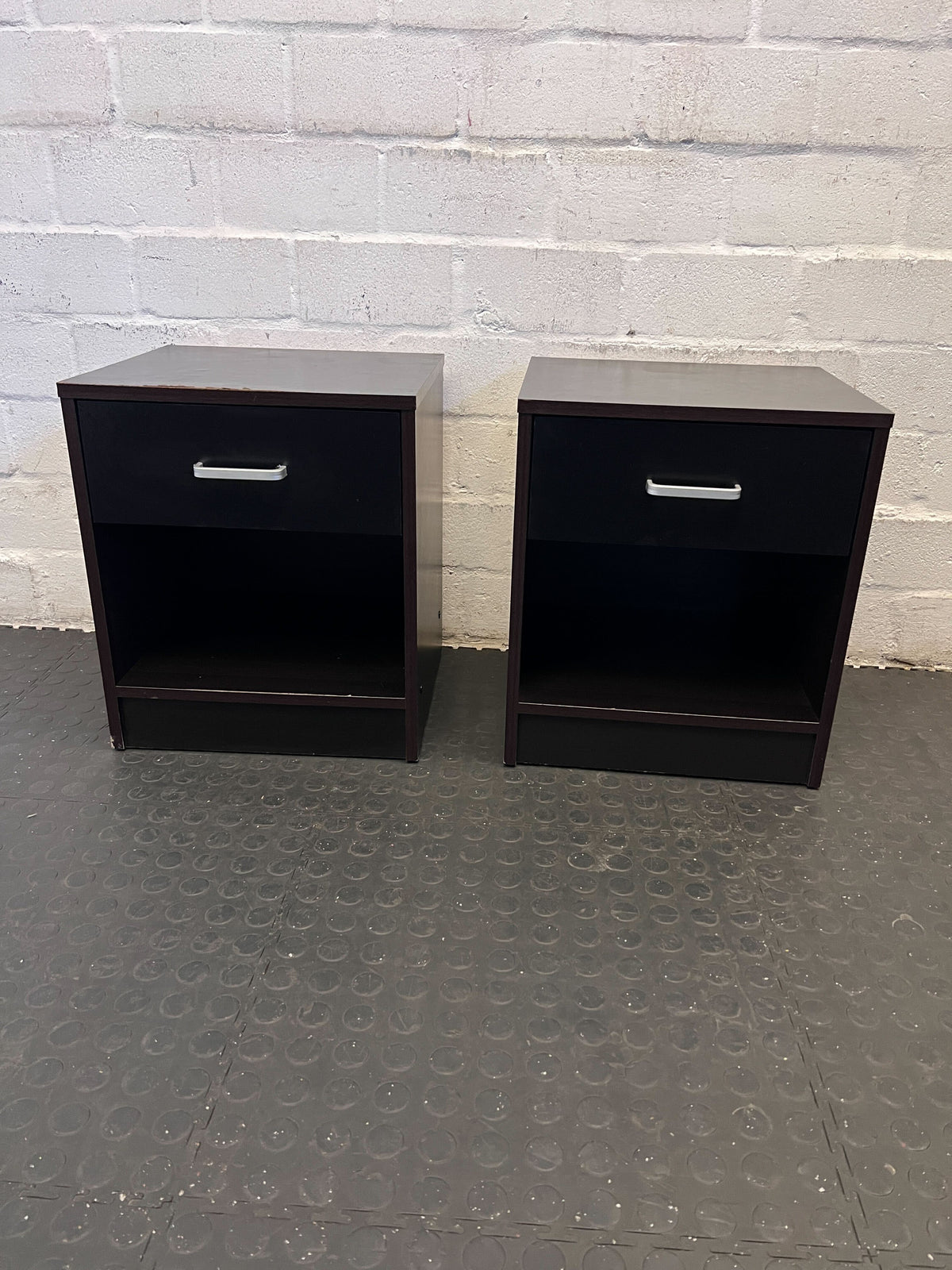 Sleek Black Wooden Nightstand with Drawer and Open Storage