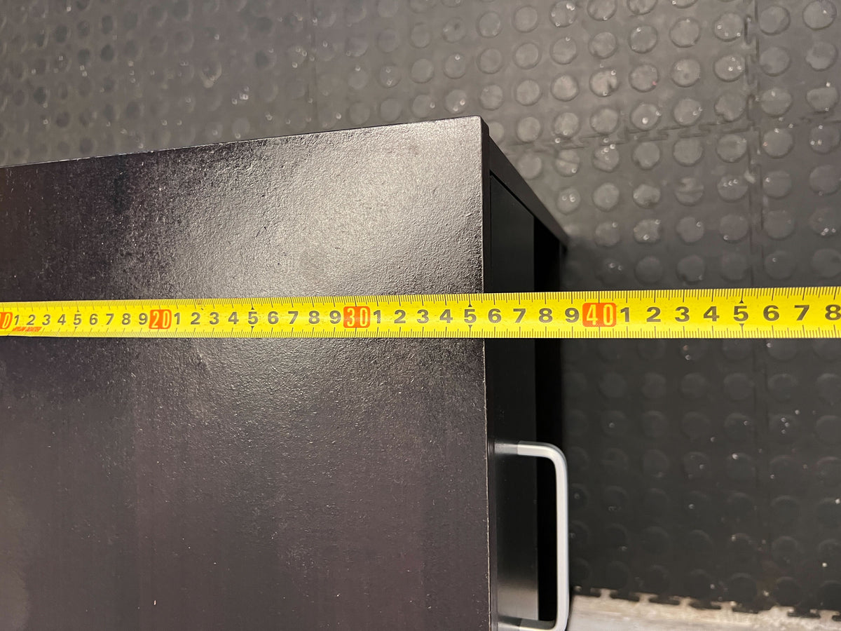 Sleek Black Wooden Nightstand with Drawer and Open Storage