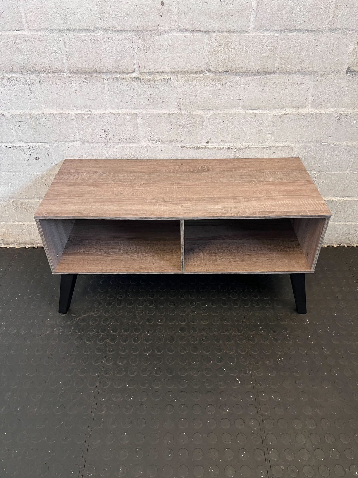 Sleek Oak Wood TV Stand with Black Legs - Minor Scratches - REDUCED