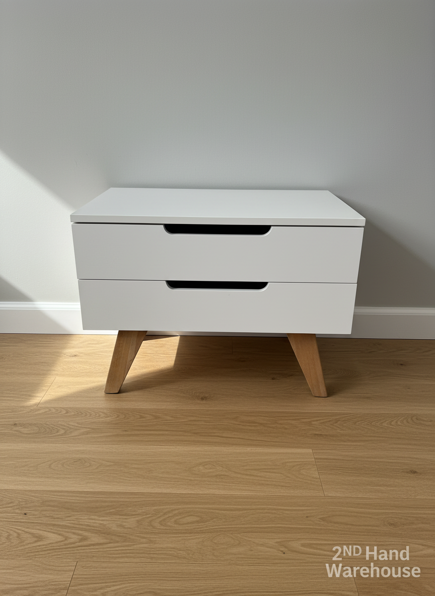 Sleek White 2-Drawer Nightstand with Tapered Wood Legs