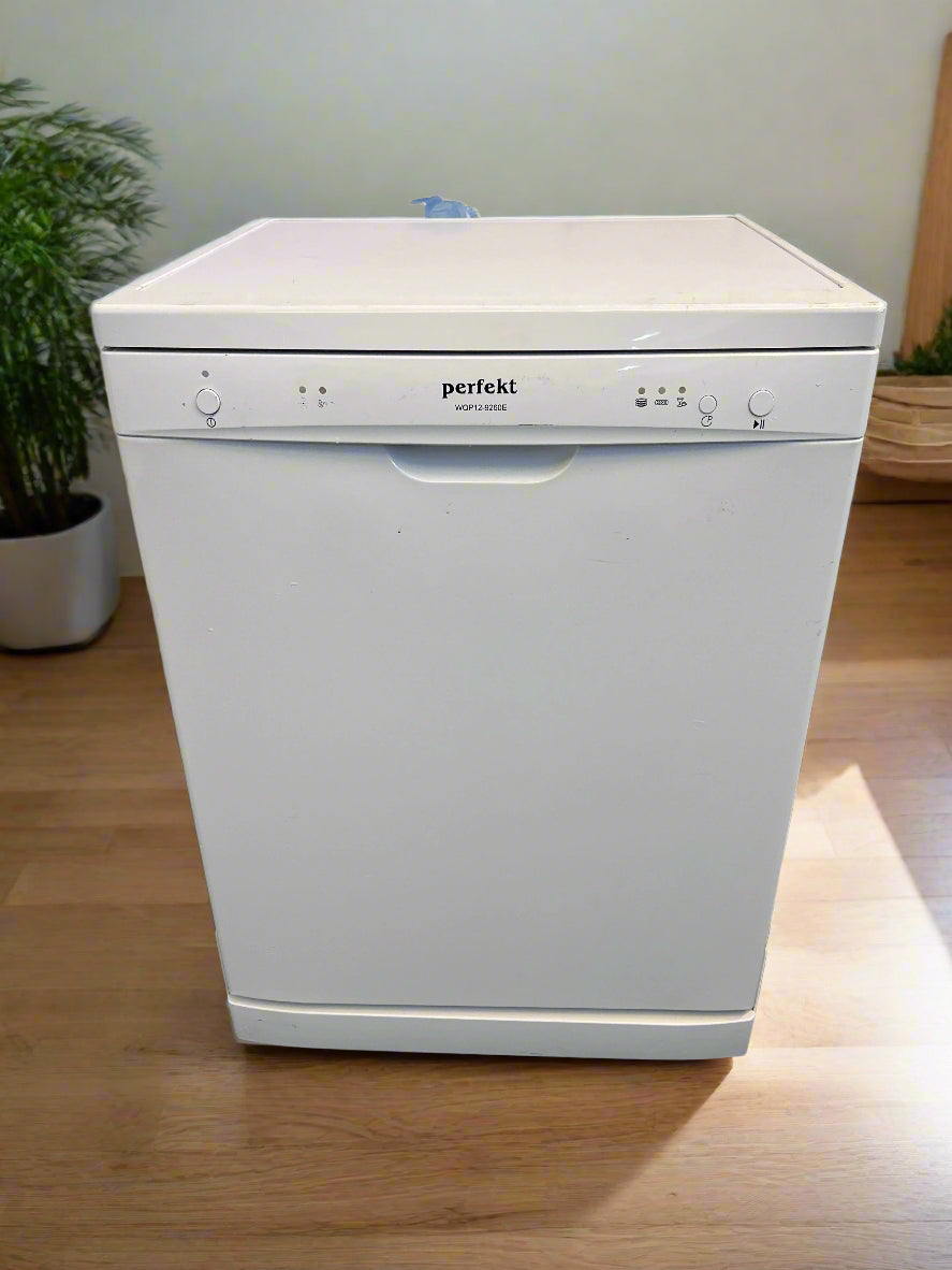 White dishwasher with 'perfeit' branding on a wooden floor.