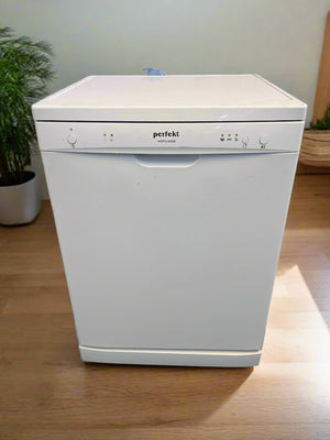White dishwasher with 'perfeit' branding on a wooden floor.