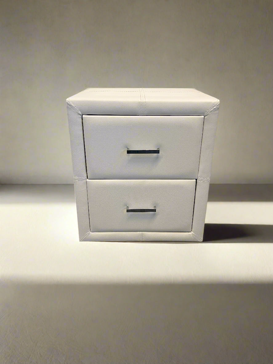 Sleek White Faux Leather Nightstand with Two Drawers