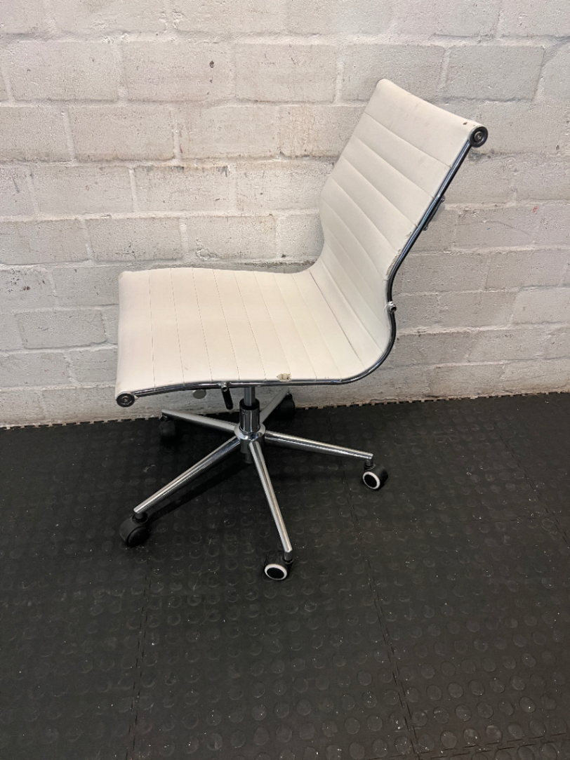 Sleek White Ribbed Armless Office Chair with Chrome Base - 2ndhandwarehouse.com