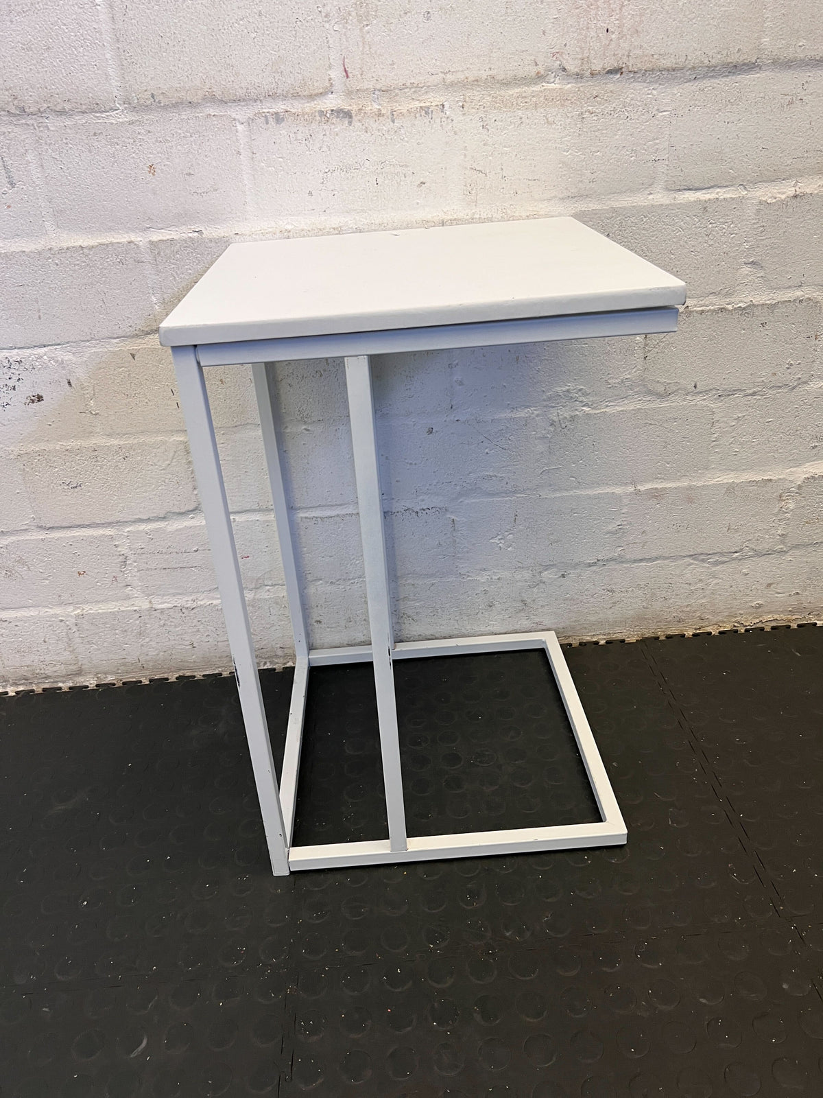 Sleek White Square Side Table with Metal Frame – Minor Wear