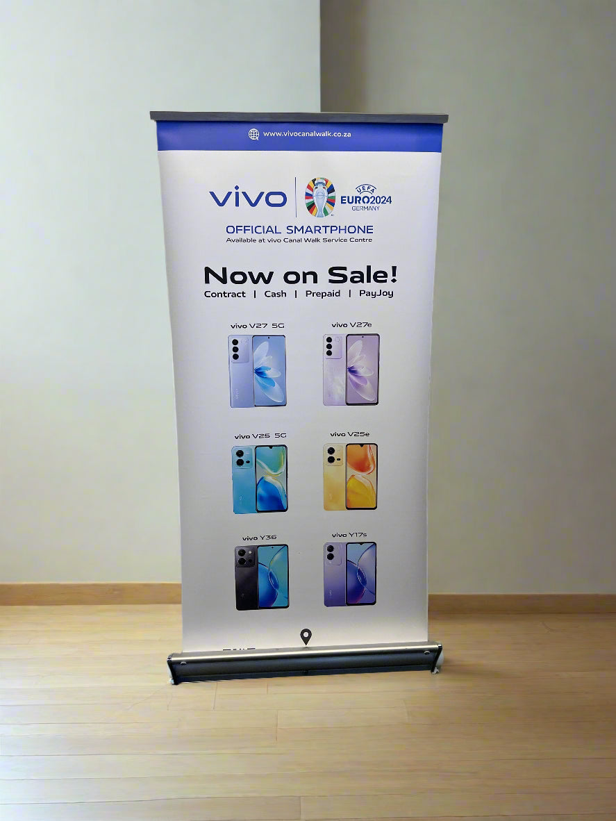 Roll-up banner advertising vivo smartphones on a plain background