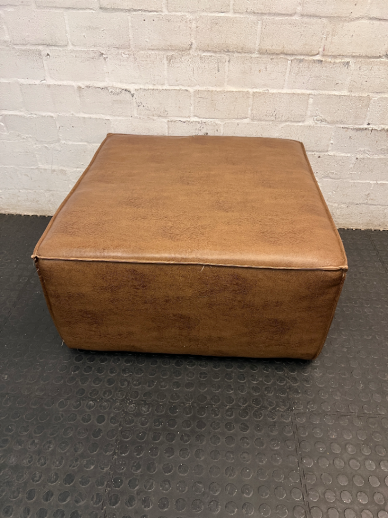 Square Brown Faux Leather Ottoman — Tear in Top and Marker Stains - 2ndhandwarehouse.com