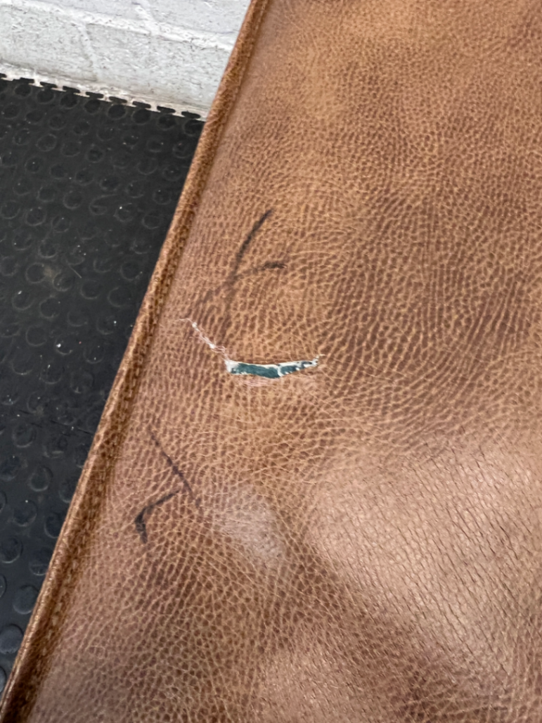 Square Brown Faux Leather Ottoman — Tear in Top and Marker Stains - 2ndhandwarehouse.com