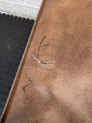 Square Brown Faux Leather Ottoman — Tear in Top and Marker Stains - 2ndhandwarehouse.com