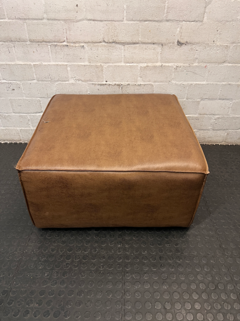 Square Brown Faux Leather Ottoman — Tear in Top and Marker Stains - 2ndhandwarehouse.com